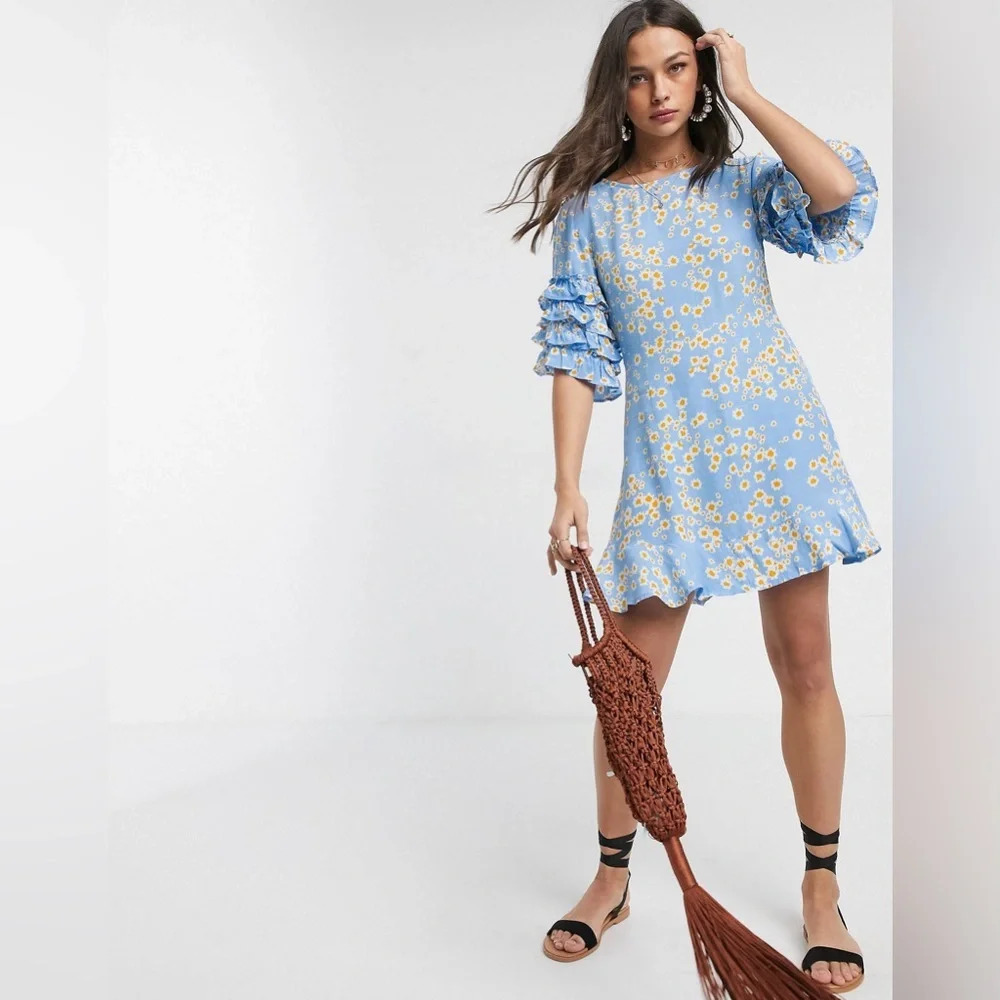 Faithfull The Brand serafina floral short sleeve mini dress with ruffle sleeve